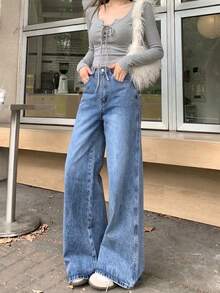 YEAE | Quần jeans ống rộng nữ có túi và cúc, kiểu dáng thường ngày, đa năng, thích hợp mặc trong mùa xuân. - Rửa nhẹ - Xem 4