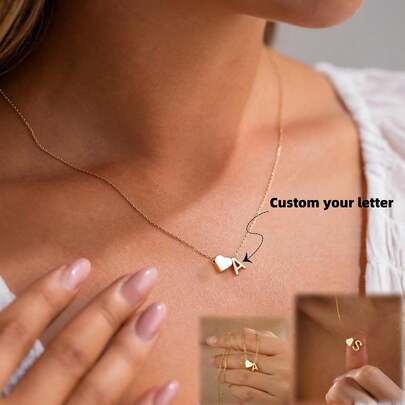 1 Pc Custom Your Letter Necklace Heart-Shaped 26-Letter Necklace Stainless Steel Heart-Piercing First Letter Pendant Collarbone Chain