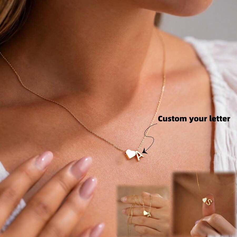 1 Chiếc Dây Chuyền Chữ Cái Tự Chọn Hình Trái Tim 26 Chữ Cái, Dây Chuyền Thép Không Gỉ Hình Trái Tim, Mặt Dây Chuyền Chữ Cái Đầu Tiên, Dây Đeo Xương Quai Xanh - Nhiều màu - Xem 1