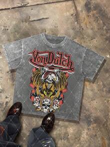 CHAOSHU Van Dutch Eagle Skull  Graphic Men's 230g Combed Washed Cotton T-Shirt, Street Short-Sleeve Top, American Gothic Biker Style Apparel, Spring Summer Crew Neck Top, Suitable For Summer Daily Casual Wear - Xám - Xem 1