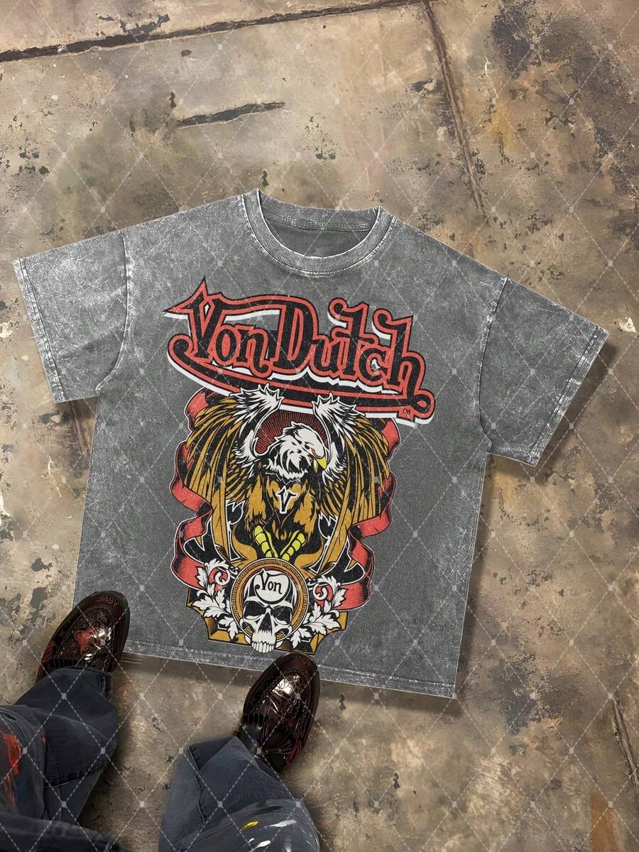 CHAOSHU Van Dutch Eagle Skull Graphic Men's 230g Combed Washed Cotton T-Shirt, Street Short-Sleeve Top, American Gothic Biker Style Apparel, Spring Summer Crew Neck Top, Suitable For Summer Daily Casual Wear - Xám - Xem 1