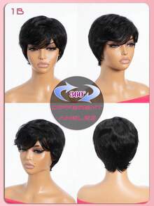 QVR QUEEN VIRGIN REMY QVR 短直发精灵头假发，波波头造型，即戴即走，女士精灵头假发，无需胶水，真人发，全机织，自然黑色，日常佩戴舒适。 - Natural Black - 查看 3