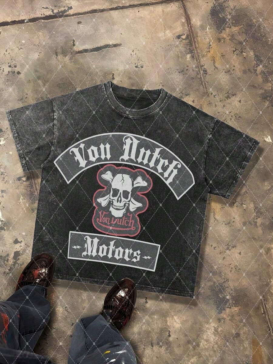 CHAOSHU Van Dutch Skull Crossbones Motors Graphic Men's 230g Combed Washed Cotton T-Shirt, Street Short-Sleeve Top, American Gothic Biker Style Apparel, Spring Summer Crew Neck Top, Suitable For Summer Daily Casual Wear - 黑色 - 查看 1
