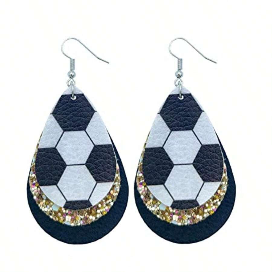 Colorful World Cup Soccer Leather Dangle Earrings Glitter Layered Sports Lover Ball Teardrop Earrings For Women Girls Jewelry - A - 查看 1
