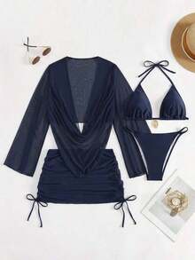 4pcs Sexy Solid Color Bikini Set With Sheer Cover-Up, Suitable For Vacation, Beach Party, Also Ideal For New Year And Valentine's Day, Exuding Elegance And Avant-Garde, Perfect Choice For Casual Women In Spring/Summer - 藏蓝色 - 查看 2