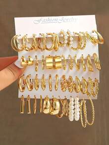 72/60/48/24/12pcs Set Fashionable Elegant Bohemian Geometric Faux Pearl C-Shaped Hoop Earrings, Suitable For Daily Wear, Party, Vacation, Wedding, Music Festival In Summer, Random Styles, Great Gift For Birthday - Yellow Gold - View 9