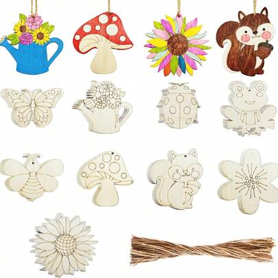 9件套未完成木制装饰工艺套装 - 包括蝴蝶、蜜蜂、青蛙、花朵、浇水壶、松鼠、向日葵、瓢虫各5个造型，以及45根亚麻绳，可用于DIY悬挂装饰。
