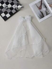 1pc Women White Veil Double Layers Lace Brim Faux Pearl Mesh Bridal Head Piece, For Party Festival Daily Use. Valentine's Day Accessories,Wedding Hair Accessories - White - View 4