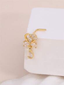 1件/4件装 L型垂坠式锆石鼻钉 – 蝴蝶心形十字鼻环，金银色垂坠式鼻孔穿刺饰品，女士款 - L Shaped Pin - 查看 3