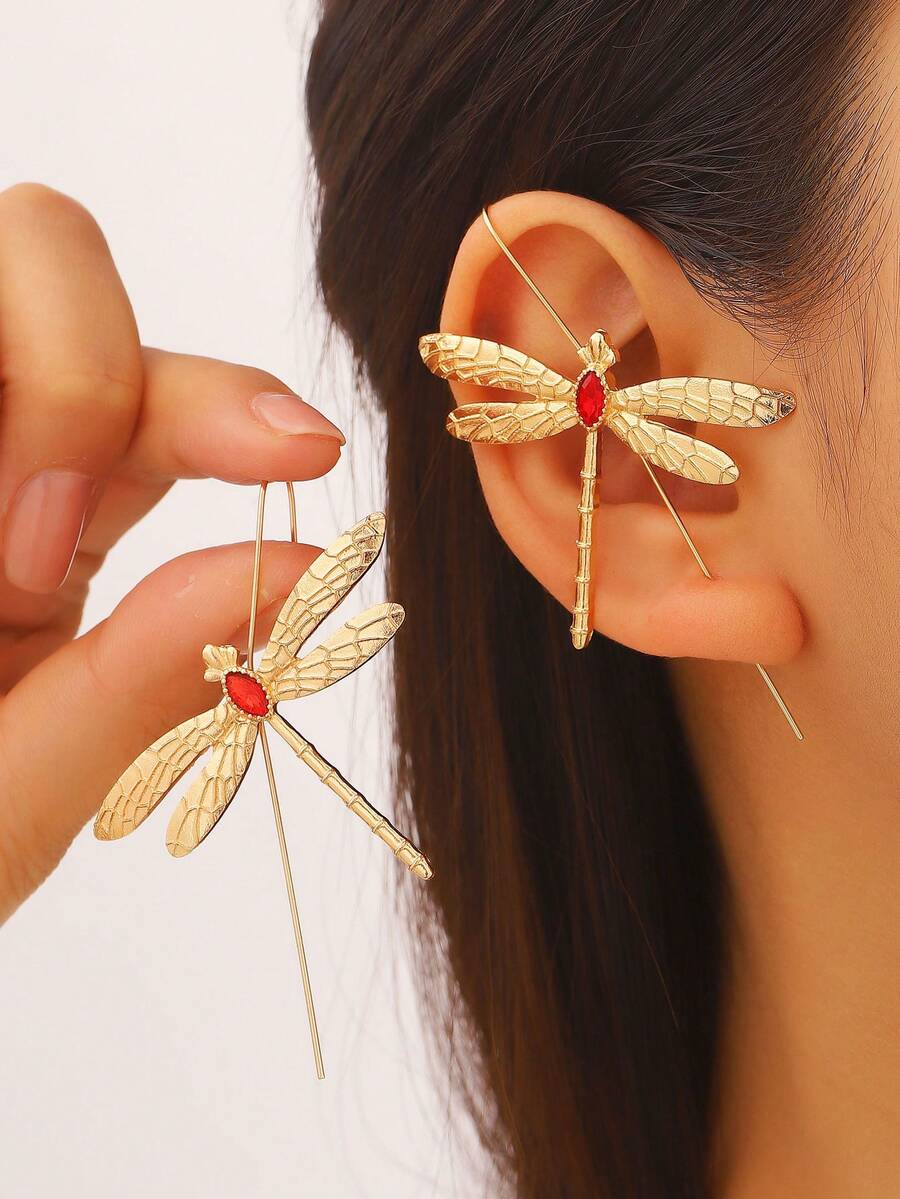 1 Đôi bông tai xỏ lỗ thời trang phong cách Punk độc đáo bằng đồng với hình chuồn chuồn mạ vàng, bông tai hình côn trùng sang trọng, độc đáo, phụ kiện trang sức dành cho nữ. - Vàng và đỏ - Xem 1