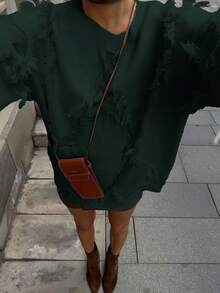 Áo len nữ cổ tròn màu trơn, kiểu dáng thanh lịch, thích hợp mặc ngoài trời, đi hẹn hò, đi học, áo len dệt kim rộng rãi đa năng với viền tua rua, ngày Valentine, trang phục đi du lịch biển, mùa thu/đông 2026. - Màu xanh lá cây đậm - Xem 2