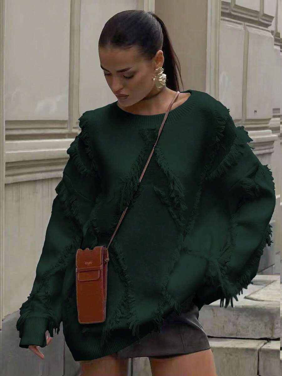 Áo len nữ cổ tròn màu trơn, kiểu dáng thanh lịch, thích hợp mặc ngoài trời, đi hẹn hò, đi học, áo len dệt kim rộng rãi đa năng với viền tua rua, ngày Valentine, trang phục đi du lịch biển, mùa thu/đông 2026. - Màu xanh lá cây đậm - Xem 1