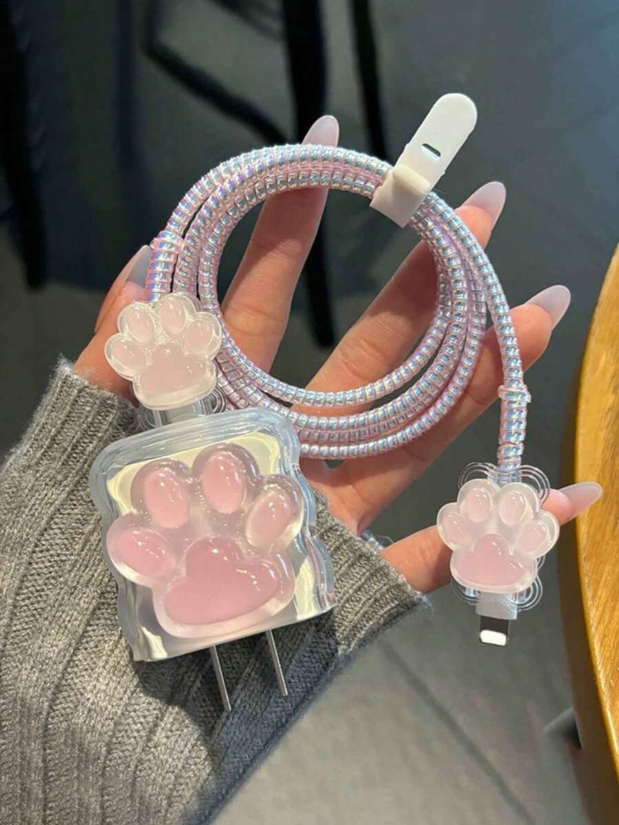 5个粉色3D猫爪保护套，兼容苹果15W充电器、14 Plus手机数据线、18/20W快充适配器保护套 - 彩色 - 查看 1