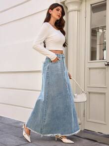 Casual Women's Denim Maxi Skirt, High Waist A-Line Asymmetrical Hem, Light Color Non-Stretch - Light Wash - View 7