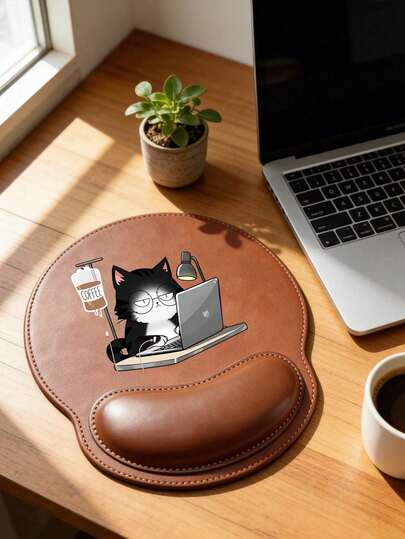 Wrist Support Mouse Pad, Cute Working Cat Pattern Design,Ergonomic Design With Wrist Rest, Faux Leather Mouse Pad,Comfortable Mouse Pad With A Smooth Wrist Support,Computer Desk Mat,Office Keyboard Pad,Desktop Protector,Suitable For Non-Slip Base,Gaming, Anti-Slip, Computers, Laptops, Office, And Home Use,Graduation Season Souvenir,Ideal For Office & Gaming, Perfect Gift For Valentine's Day, Mother's Day