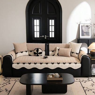 1 chiếc đệm sofa kiểu Châu Âu, hình dáng bất đối xứng, viền nơ trang trí, chất liệu vải nhung mềm mại, sang trọng tối giản, bảo vệ sofa, chống trượt, chống bụi, chống trầy xước, trang trí sofa, phù hợp cho mọi mùa, phòng ngủ, phòng khách, văn phòng, phòng học, có thể giặt máy, đệm sofa đa năng.