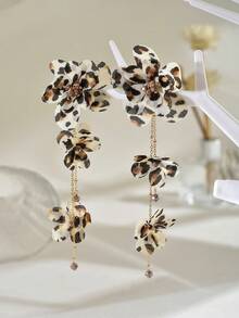1 Pair Fabric Flower Long Earrings, Suitable For Daily Wear (Bead Color Random) - Leopard Print - E429 - View 3