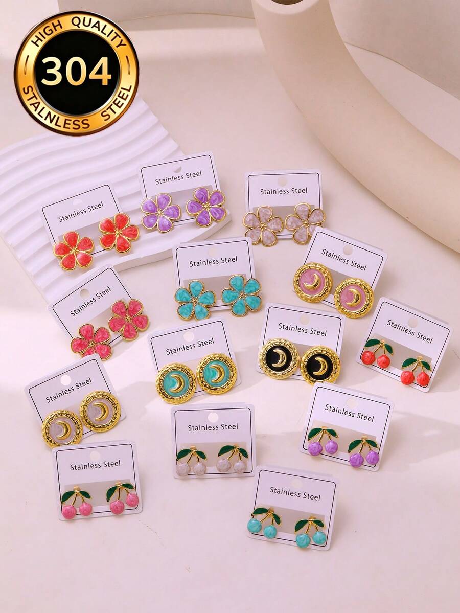 优雅轻奢花朵心形月亮精油耳环套装，采用优质不锈钢材质，完美适用于日常佩戴、婚礼、派对和度假等场合。