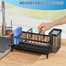 Sponge Holder for Kitchen Sink Sink Caddy Organizer with High Brush Holder Kitchen Countertop Organizers and Storage Essentials Rustproof 304 Stainless Steel Black 9.25″ - Ver 6