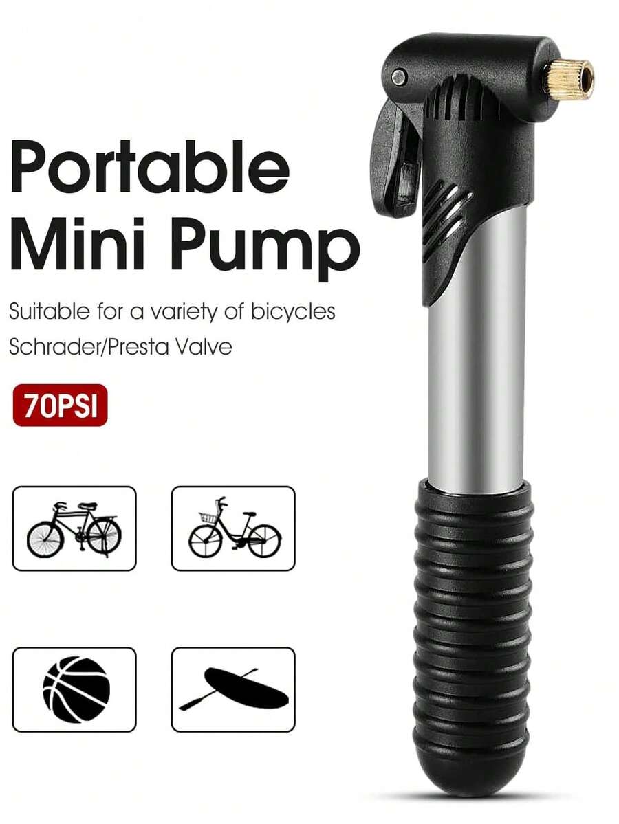 1 pieza Bomba de aire mini portátil para bicicleta, inflador de neumáticos de bicicleta universal compatible con válvulas Presta y Schrader, adecuado para bicicletas de carretera, bicicletas de montaña, baloncestos y balones de fútbol - Negro - Ver 1