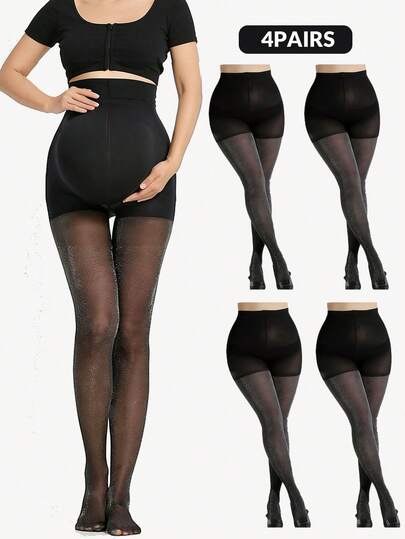 1/4 Pack Fashionable Maternity Pantyhose With Silver Threads, Plus Size Stockings, Breathable And Non-Binding, Suitable For Early And Mid-Pregnancy, Stylish And Sexy, High-Quality Durable Stockings For Large Waist Users.
