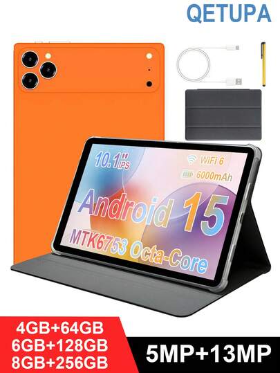  Qetupa 10.1-Inch Android 15 Tablet With Protective Case And Stylus Pen, Available In Three Storage Options: 4GB RAM + 64GB ROM / 6GB RAM + 128GB ROM / 8GB RAM + 256GB ROM (Expandable Via 1TB SD Card). MTK6753 Octa-Core 2.0GHz Processor, (1280x800) IPS Touchscreen, 5MP Front Camera And 13MP Rear Camera