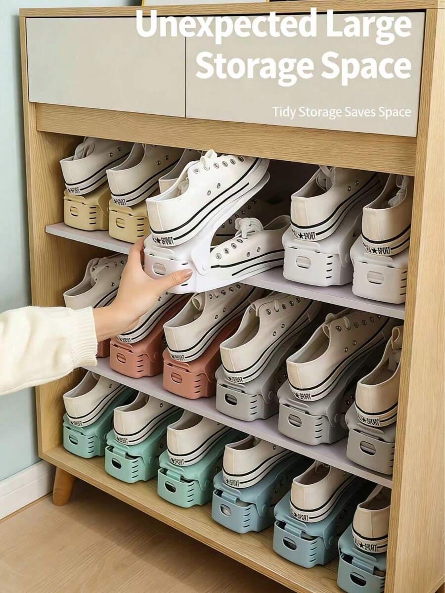 20/10 Pairs Adjustable Double-Deck Shoe Rack, Foldable Shoe Organizer, Space-Saving Stackable Shoe Shelf, Plastic Shoe Storage Rack, Home Organization Tool