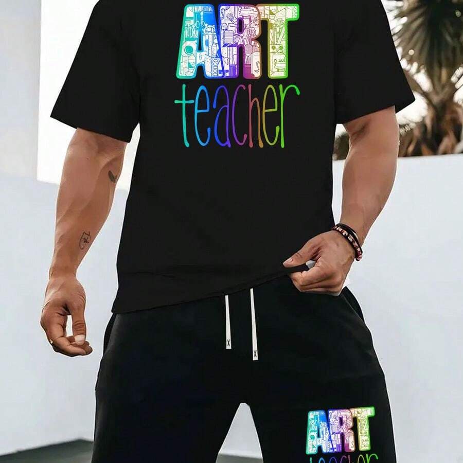 1 Set Of Summer New Men's Casual Sports Casual Suit Round Neck T-Shirt Short Sleeve + Shorts, Knitted Fabric, Fashionable Personality All-Rounder, Suitable For Outdoor Activities Printed Summer Two-Piece Set. - màu đen - Xem 1