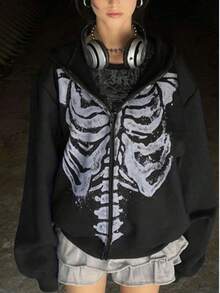 Fleece Sweatshirt With Adjustable Zipper, Gothic Skeleton Design, Casual, Y2k - màu đen - Xem 6