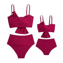 Mommy And Me Family Matching Swimsuits Summer Ruffle Tie Bowknot Sleeveless High Waist Bathing Suit For Womens And Kids Mom And Daughter Matching Wave Print Two Piece Bikini Sets Tankini - 玫紅色 - 查看 4