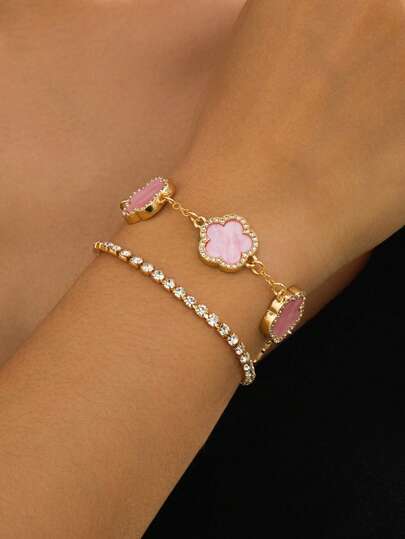 1 chiếc vòng tay nhiều lớp hình cỏ ba lá màu hồng lấp lánh, sang trọng, thanh lịch dành cho nữ