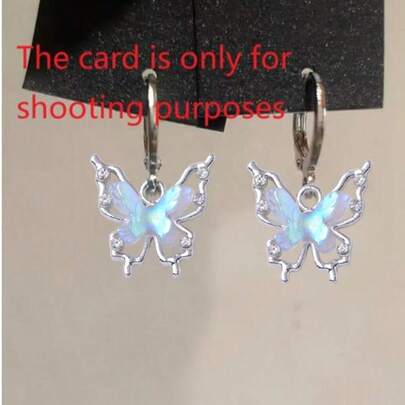 Cute Blue Butterfly Pendant Copper Ear Clasp Earrings For Women Girls Unique Aesthetic Charm 2000s Harajuku EMO Vintage Jewelry Accessories