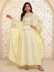 Bộ trang phục Ramadan truyền thống thanh lịch kiểu mới năm 2026, áo Jalabia thêu hạt cườm bạc, thắt lưng tua rua, tay áo xẻ tà, cổ tròn không tay, trang phục Ramadan sang trọng. - Màu vàng - Xem 8