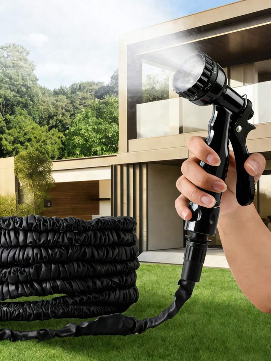 Bộ 1 vòi tưới vườn mềm dẻo màu đen, có thể kéo dài, kèm vòi phun điều chỉnh 7 trong 1, thích hợp tưới cây, tưới cỏ, tắm cho thú cưng, rửa xe, sử dụng được quanh năm. - A - Xem 1
