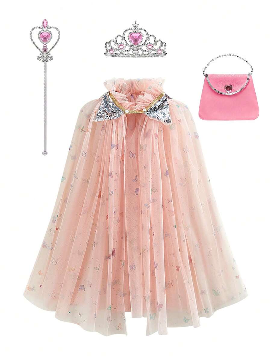 Bộ 4 món họa tiết bướm màu hồng nhạt cho bé gái gồm áo choàng, vương miện, đũa phép và túi xách, trang phục hóa trang cho trẻ em, thích hợp cho các bữa tiệc nhập vai, Giáng sinh, Halloween. - Màu Hồng baby - Xem 1