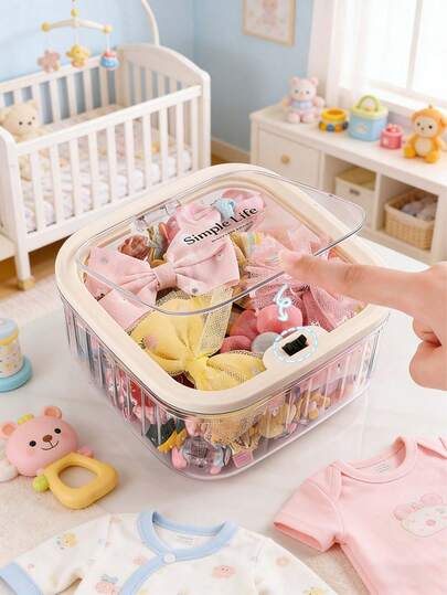 Transparent Baby Hair Accessory Storage Box - Large Capacity With Safety Lock Lid And Clear View - Compact Desktop Size For Easy Placement And Portability - Multi-Functional Storage For Baby Hair Clips, Headbands, Pacifiers, Teethers, Nail Clippers And Small Keepsakes - Suitable For Nursery Closet, Changing Table, Bathroom Counter Or Diaper Bag - Ideal Baby Shower Gift And Essential Baby Organizer