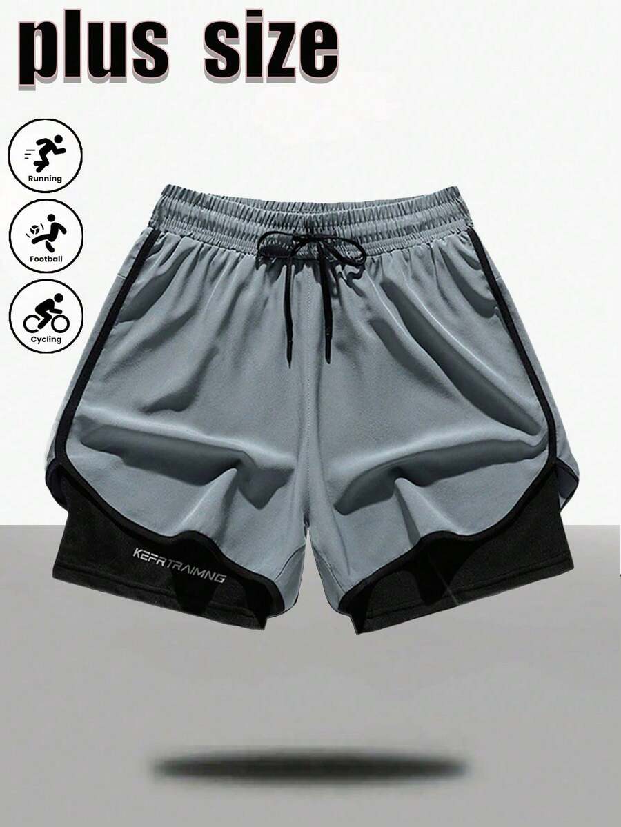 Plus Size Men's Sports Shorts, Quick Dry Lining Pants, Running Fitness Lightweight Breathable Shorts - Grey - View 1