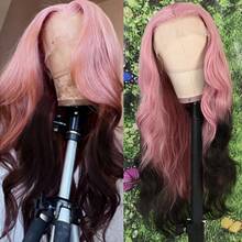 13x4 Free Part HD Lace Front Wig Ombre Purple Color Long Body Wave Synthetic Hair 180% Density Pre-Plucked Glueless Purple Ombre Colored Long Wavy Hair 26 Inch Free Part Soft Natural Look For Women Versatile Styling Options - Pink to Black - 查看 1