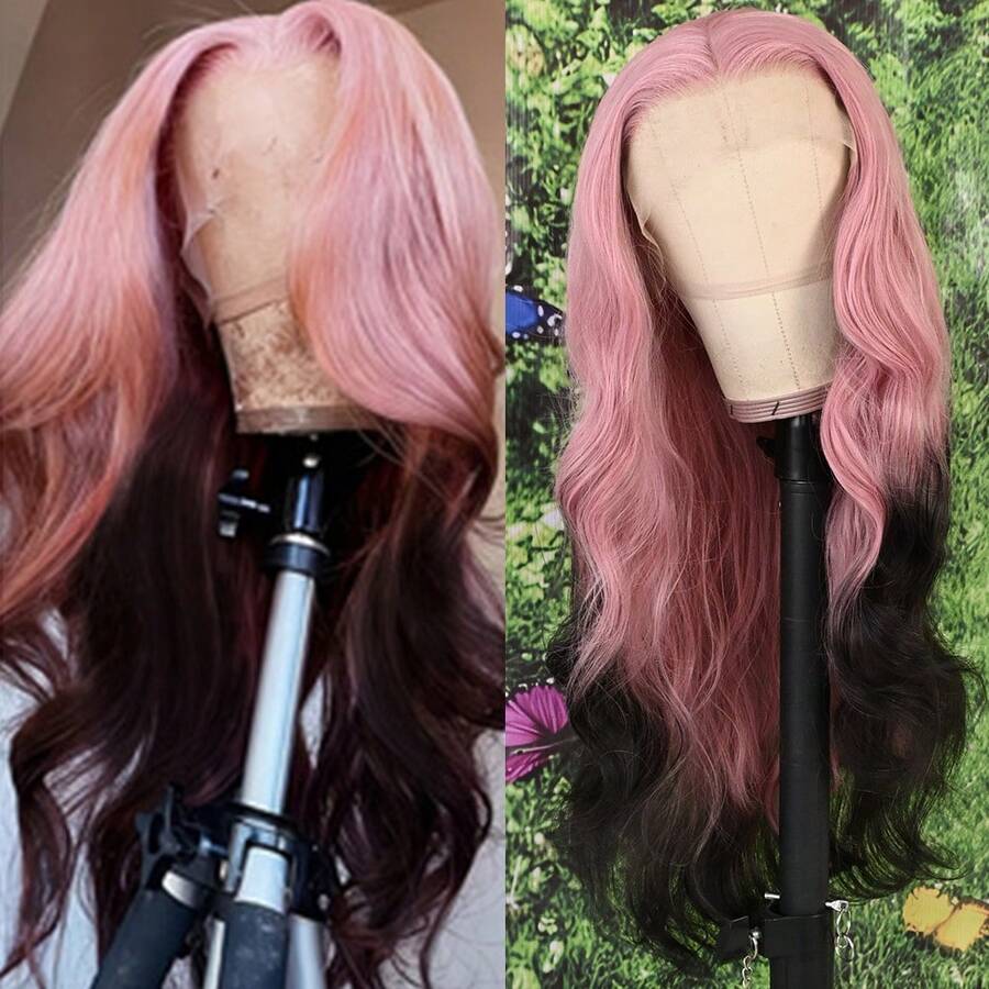 13x4 Free Part HD Lace Front Wig Ombre Purple Color Long Body Wave Synthetic Hair 180% Density Pre-Plucked Glueless Purple Ombre Colored Long Wavy Hair 26 Inch Free Part Soft Natural Look For Women Versatile Styling Options - Pink to Black - 查看 1