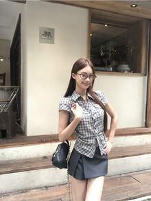 Áo sơ mi nữ mùa hè mới về, kiểu dáng vai thường, kẻ caro, áo kiểu Hàn Quốc ôm dáng. - Màu xanh lam - Xem 4