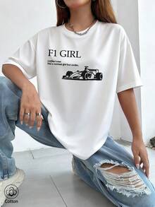 F1赛车印花宽松纯棉圆领短袖休闲T恤，柔软舒适，Y2K风格，适合春季、夏季、情人节、狂欢节、派对、海滩、婚礼、健身房、优雅场合、度假等。 - 白色 - 查看 1