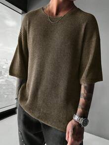 加大码男士纯色圆领休闲宽松针织短袖上衣 - 咖啡棕 - 查看 4