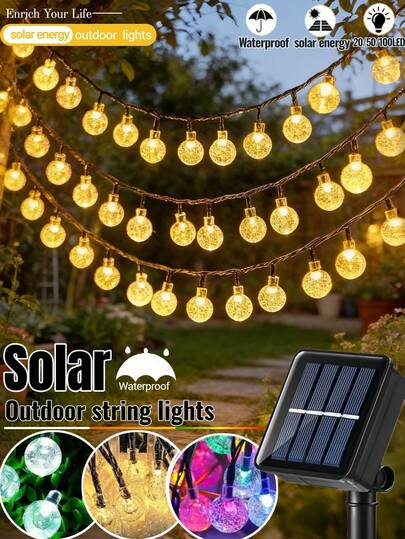 1串20/50/100颗LED太阳能水晶球灯串，8种灯光模式，IP65防水，太阳能供电，无需电费，智能光感，适用于花园、庭院、门廊、阳台、露营、派对装饰、树木、婚礼、复活节、节日庆典活动