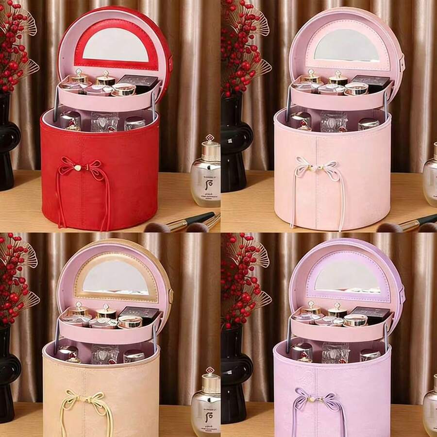 Oval-Shaped Traditional Chinese Style Makeup Storage Box With Mirror, Wedding Gift Box, Portable Festival Storage Container - Multicolor - View 1