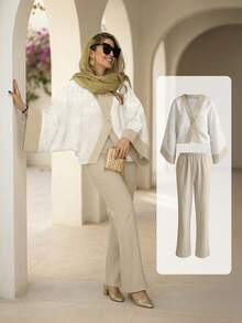 2pcs Colorblock Jacquard Pattern Elegant Top + Wide Leg Pants Set, Suitable For High-End Hotel Leisure Occasions, Autumn/Winter Spring - Apricot - View 2