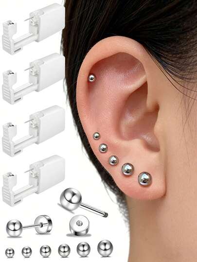 2PCS-10PCS Piercing Kit-Disposable Sterile Ear Piercing Gun Home Use Ear Piercing Tool +5pcs Silvery Ball 2mm-7mm Ball Flat Back Stud