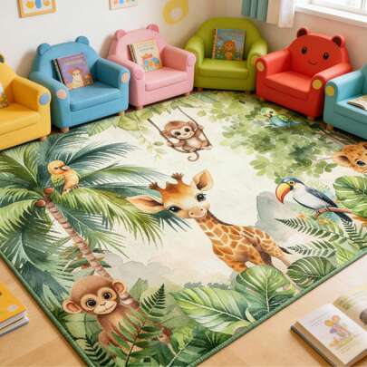 1pc Jungle Animal Print Floor Mat - Large Gaming Rug With Elephant, Giraffe, Monkey And Bird Designs, Decorative Carpet For Living Room, Rug, Living Room Area Rug, Area Small Rug, Mat, Home Decor, Large Living Room Carpet, Living Room Home Decor, Room Decor, Washable Carpet