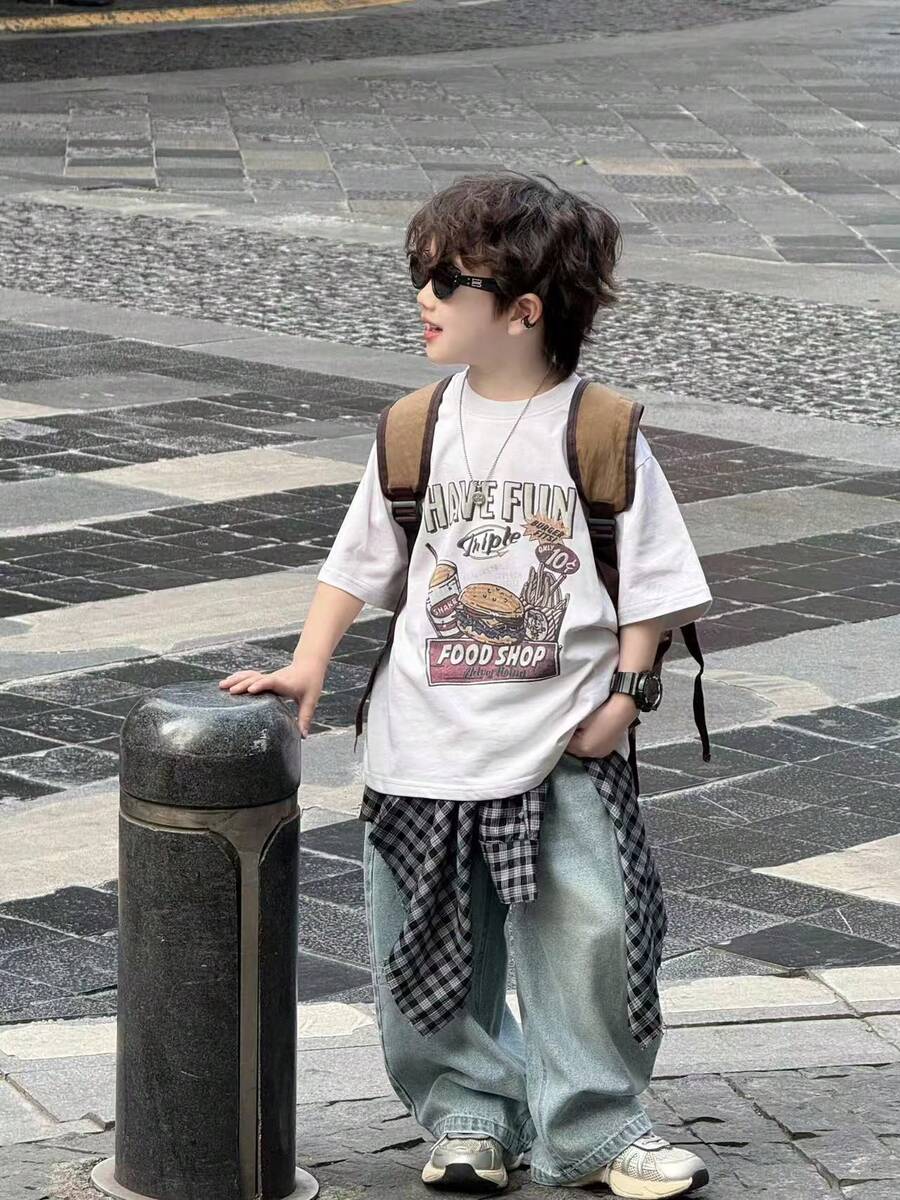 New Boys' Casual Round Collar Short Sleeve T-Shirt, 210g 100% Cotton, Kids' And Youth's Edition - White - View 1