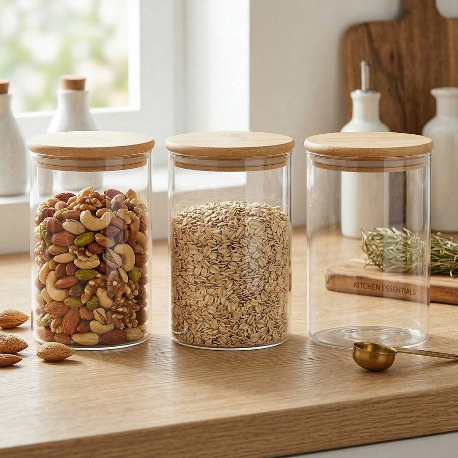 3PCS Large Glass Storage Jars – Airtight Pantry Containers For Spaghetti, Pasta, Cereal, Flour & Rice, Clear Kitchen Countertop Canisters - Transparente - 950 ml*3 - Ver 1