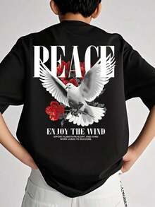 Camiseta de manga corta con cuello redondo y estampado gráfico casual para niños y adolescentes, top de verano - Negro - Ver 1